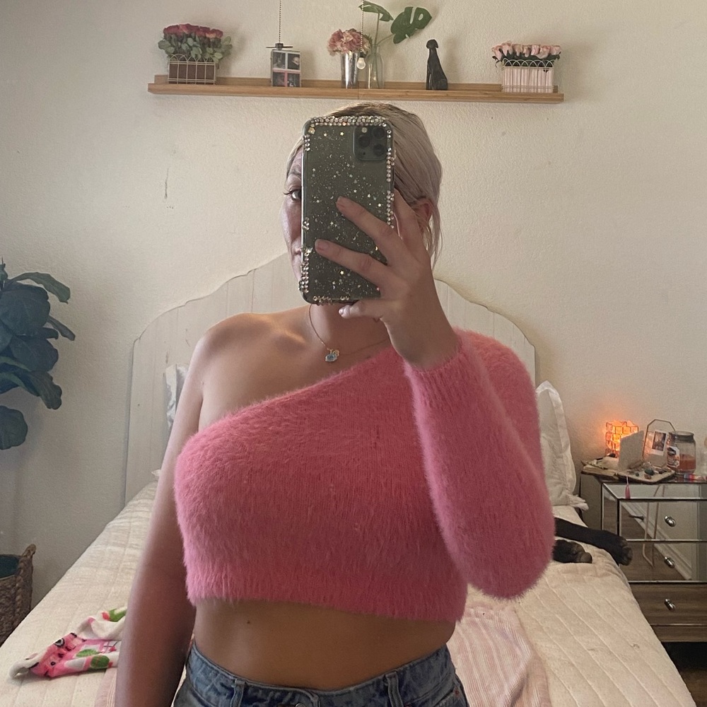 Small Fuzzy Pink One Sleeve Crop Top